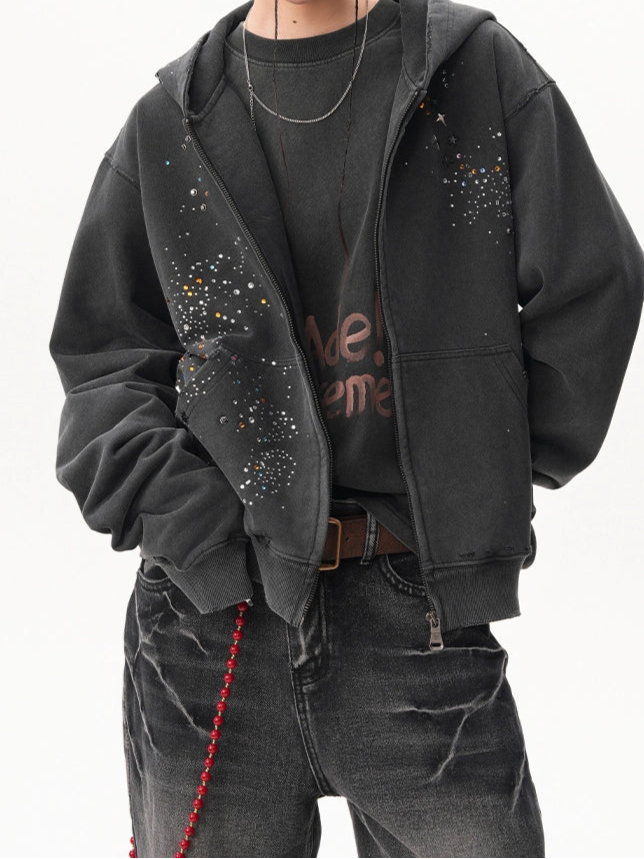 Rhinestone Hooded Zip Parker
