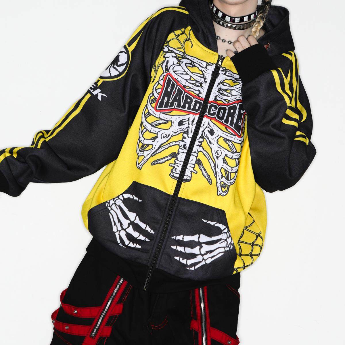 American Punk Yellow and Black Skull Skeleton Hooded Zipper Jacket