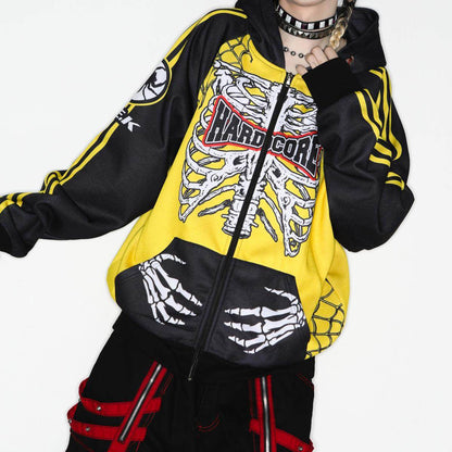 American Punk Yellow and Black Skull Skeleton Hooded Zipper Jacket