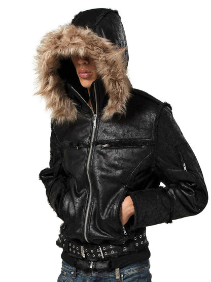 Leather belt fur collar hoodie zip jacket Martin match