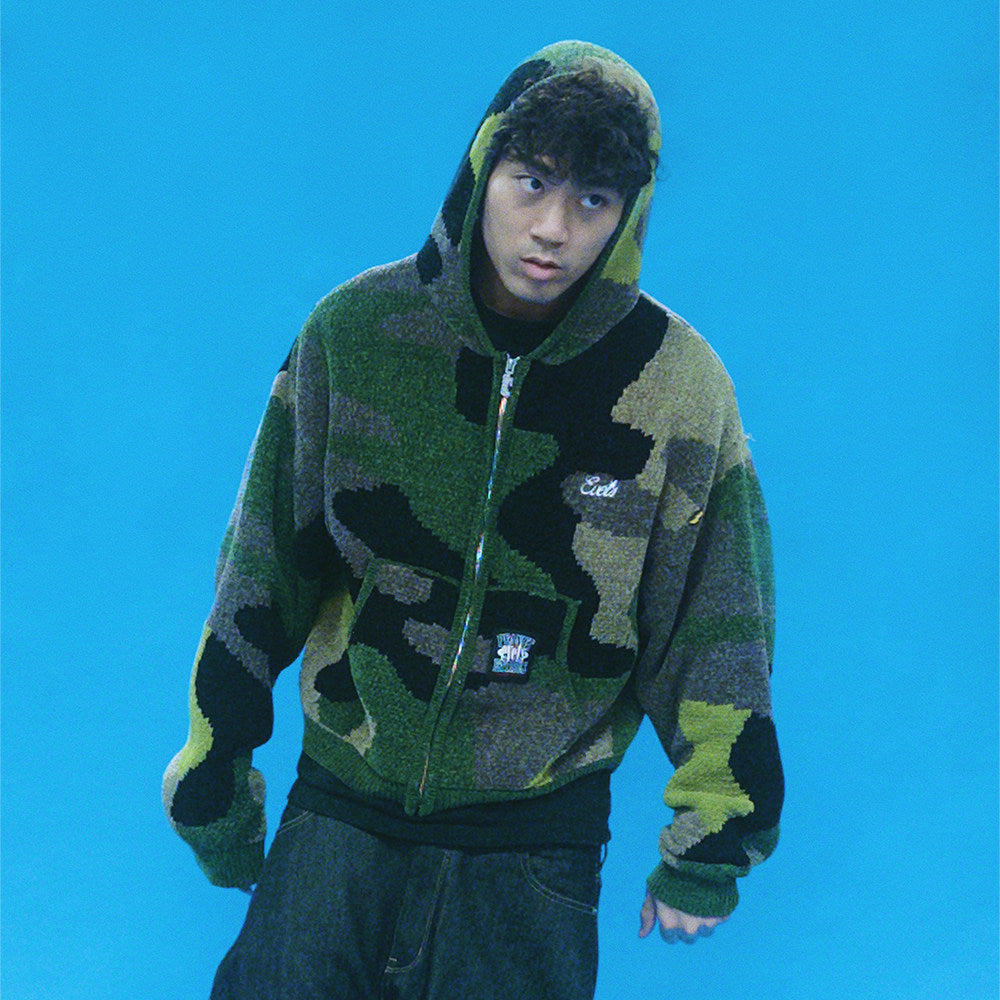 KNIT CAMO ZIP UP HOODIE