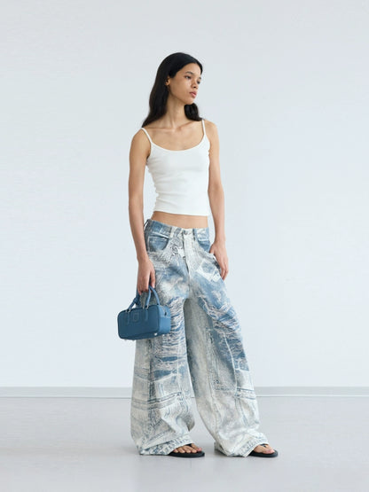 Vintage Printed Denim Pants