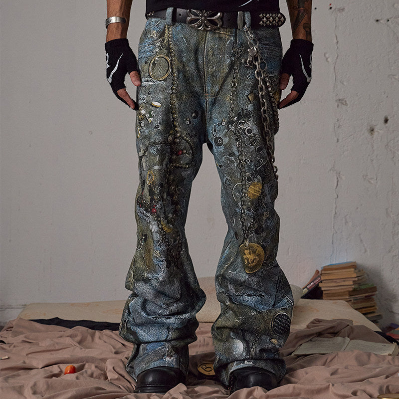 Boro Print Chain-Detail Loose Jeans