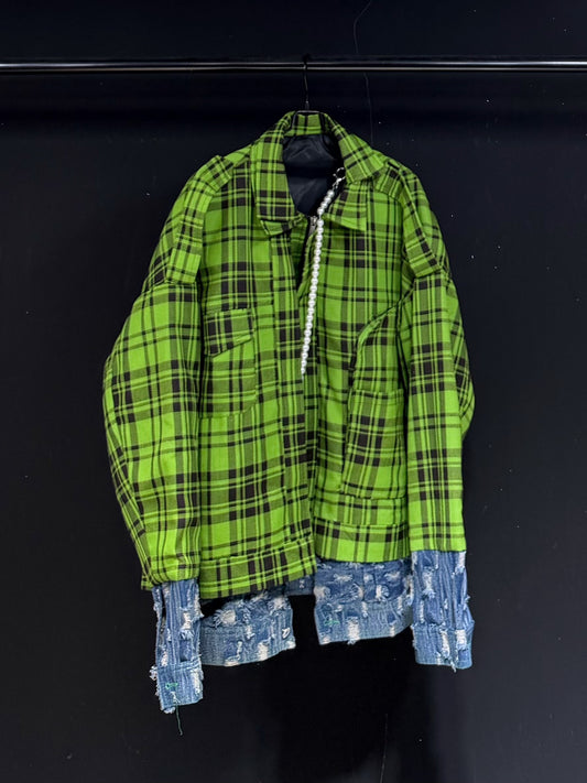 Fluorescent plaid vintage plaid polo collar jacket for men and women contrasting design niche high street jacket