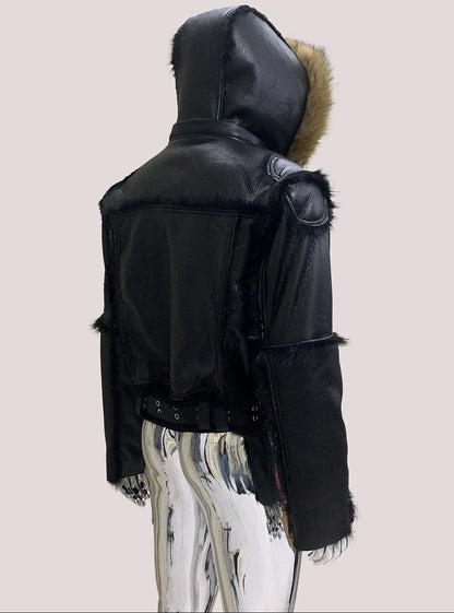 Black Cropped Fur Hooded Jacket