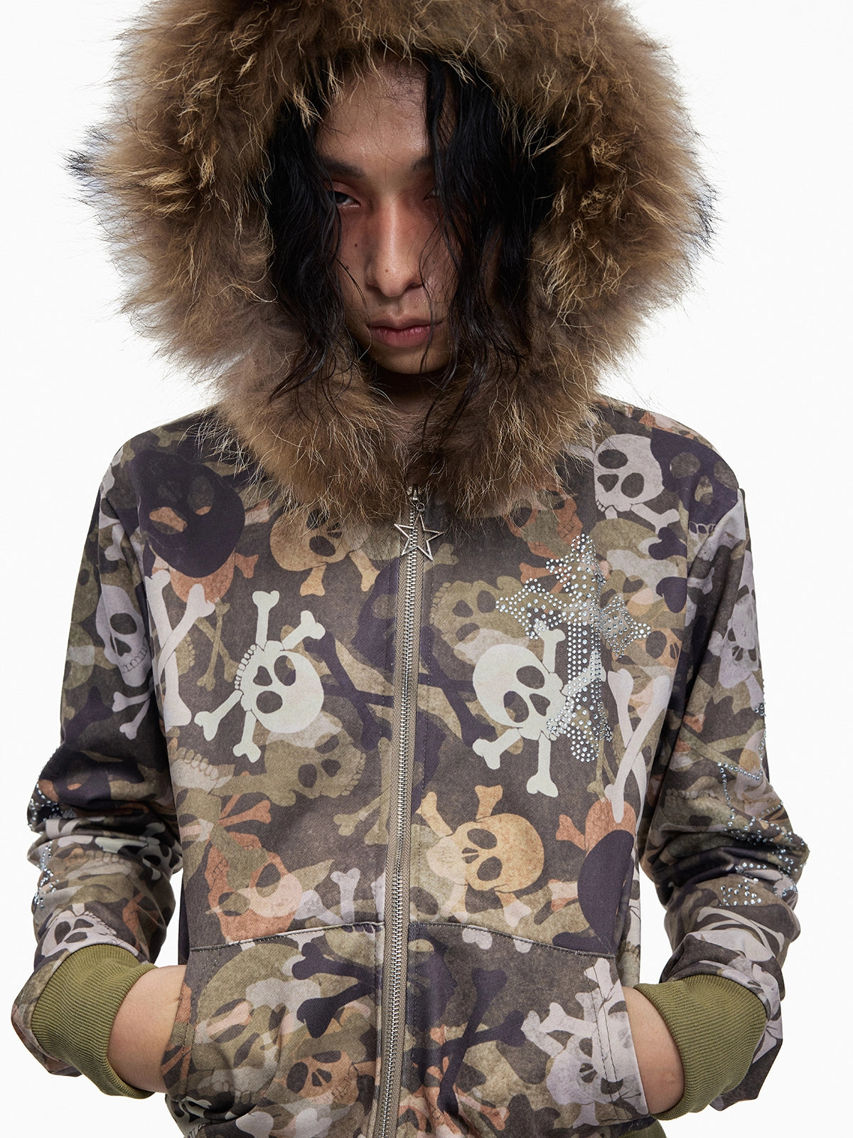 Skull Camo Fur Collar Hoodie Jacket