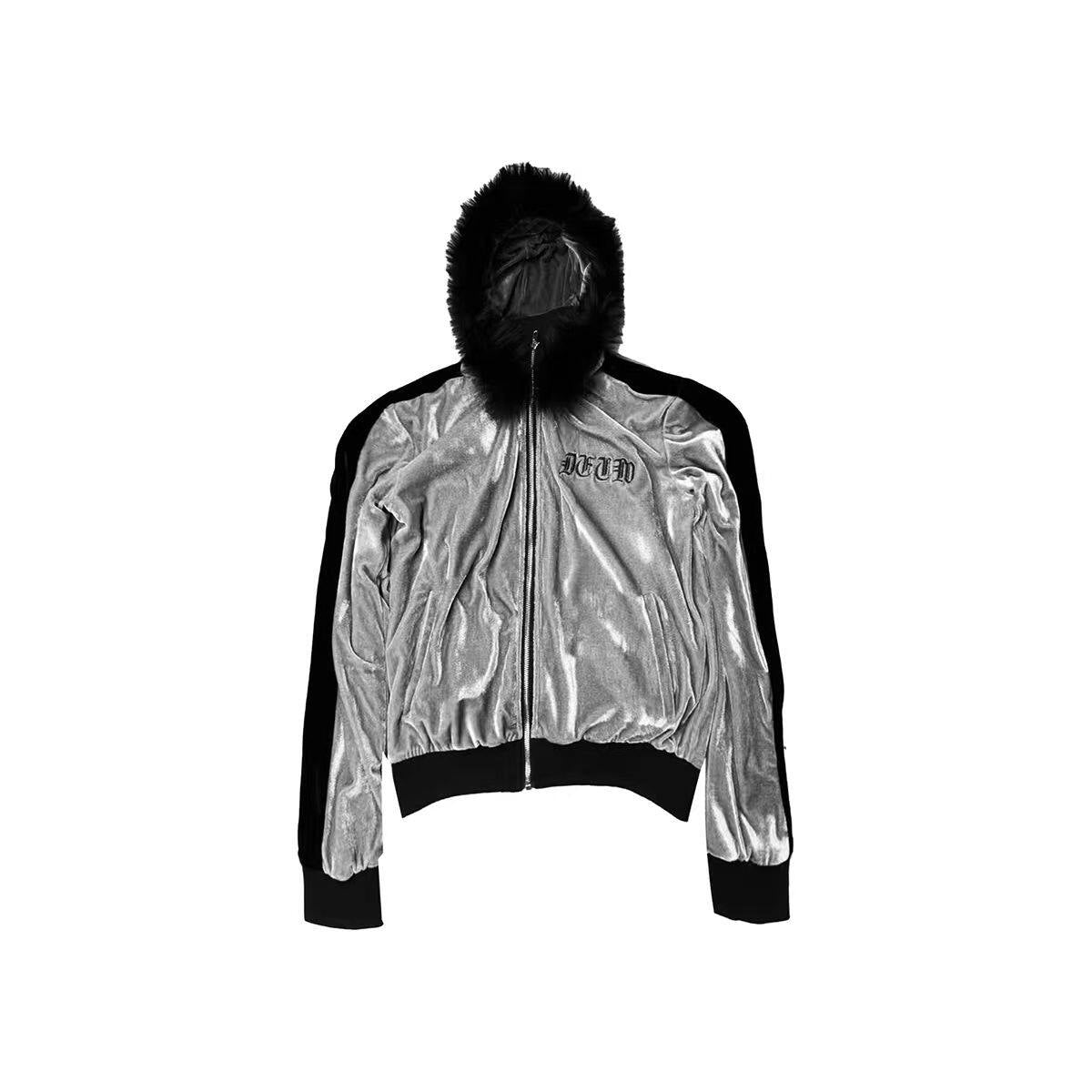 Silver Velvet 2000s Sport Vintage Street Zip Hooded Jacket