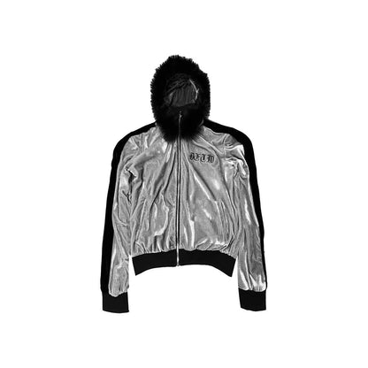 Silver Velvet 2000s Sport Vintage Street Zip Hooded Jacket