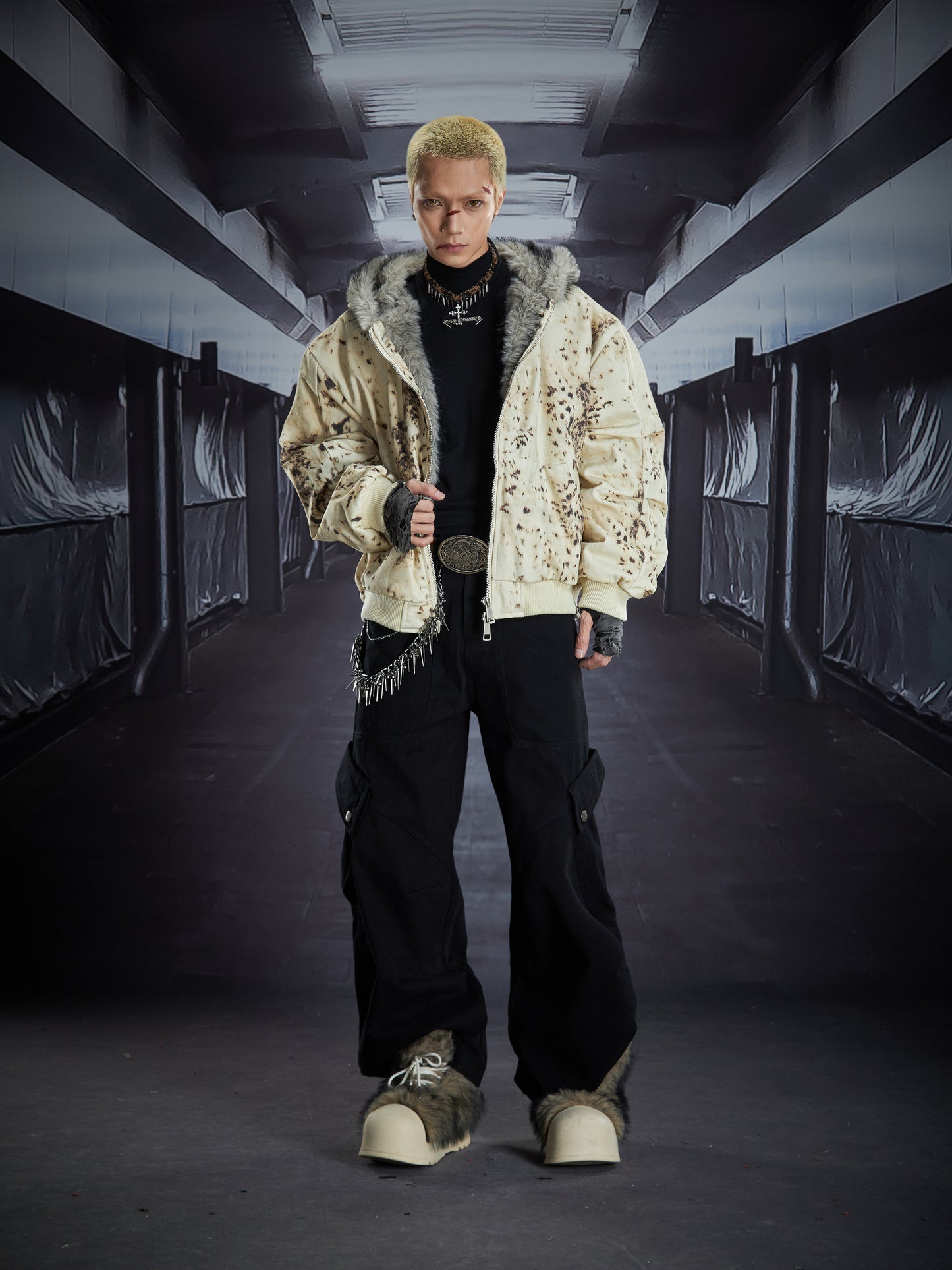 Fur hooded short loose pleated sleeves jacket