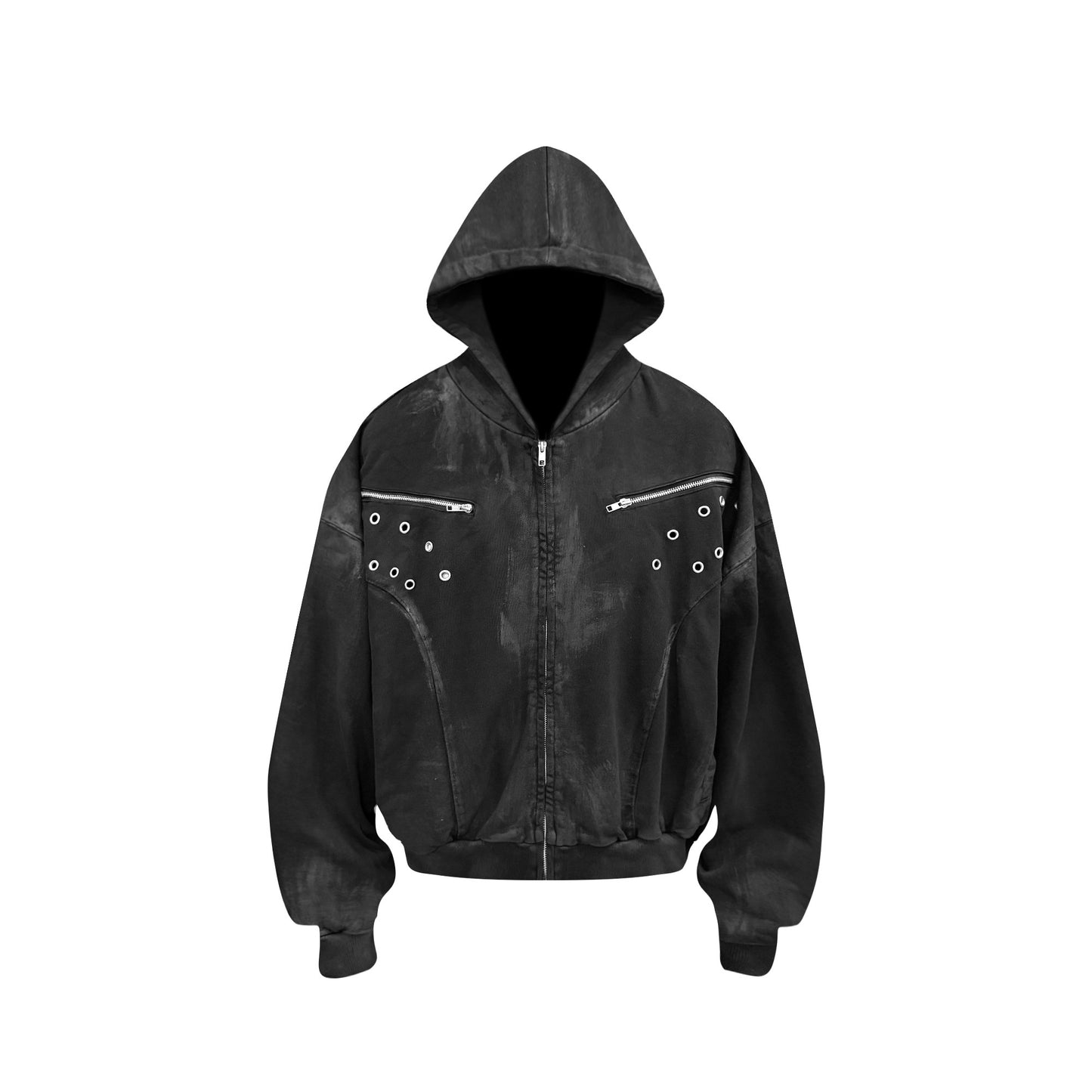 Brushed wax hooded zipper sweatshirt cardigan jacket