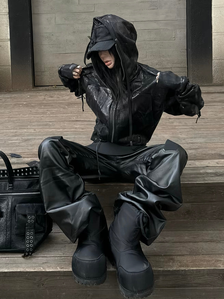 Waxed Black Hooded Zip Hoodie