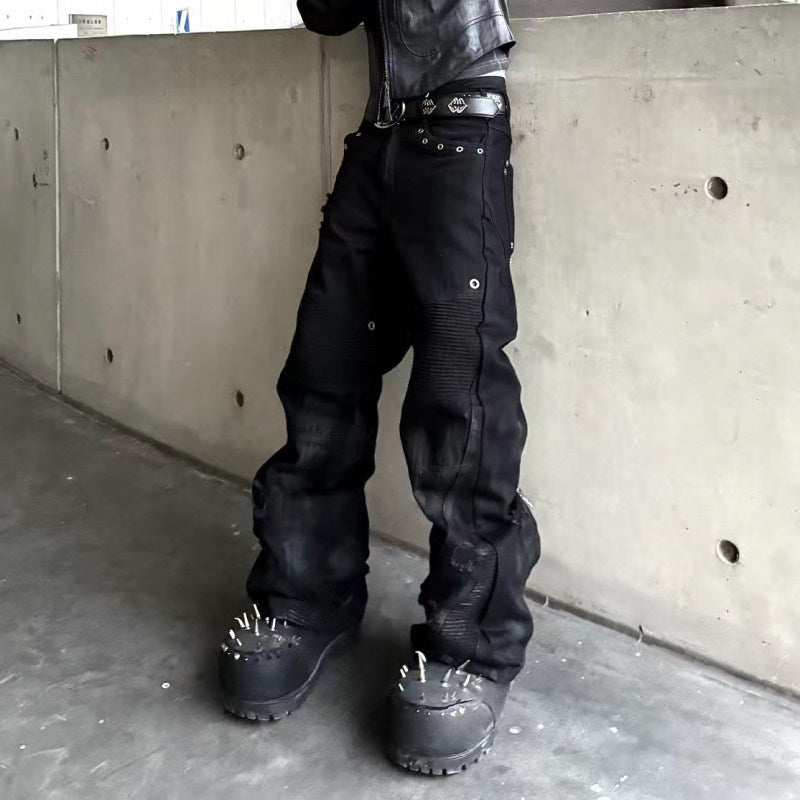 Bump nail brush wax double zipper motorcycle pants