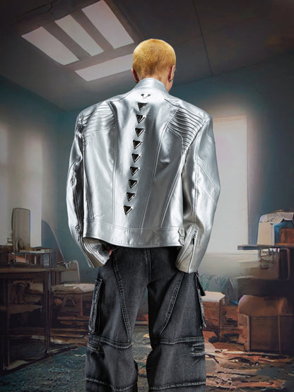 High-end structure splicing, stand-up collar, loose zipper, leather jacket