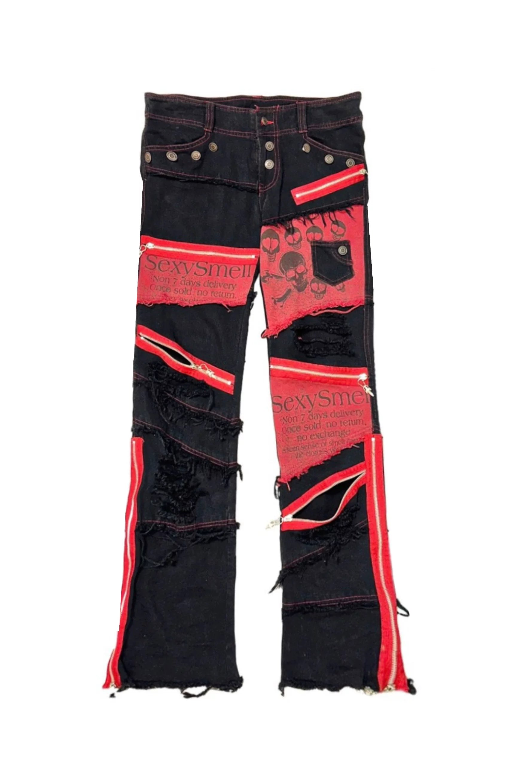 Spot. Tattered denim SexySmell sexy scent black and red samurai rockpunk panelled zip-up pants